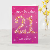 Carte 21e anniversaire - Numéro 21 en étoiles rose viole (Fleur jaune)