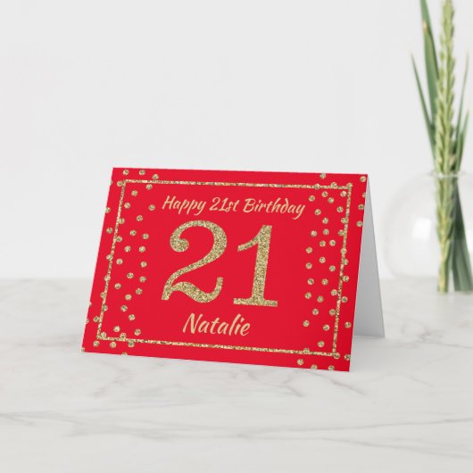 Carte 21e anniversaire Parties scintillant rouge et or c (Devant)