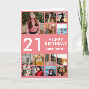 Carte 21e anniversaire Photo Collage 13 Photos Rose & Wh