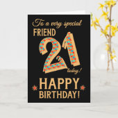 Carte 21e anniversaire, pour Ami, Effet or sur Noir (Fleur jaune)