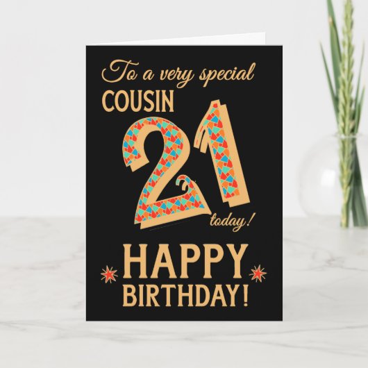 Carte 21e anniversaire, pour Cousin, Effet or sur Noir (Devant)