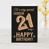 Carte 21e anniversaire, pour Godson, Effet or sur Noir (Fleur jaune)