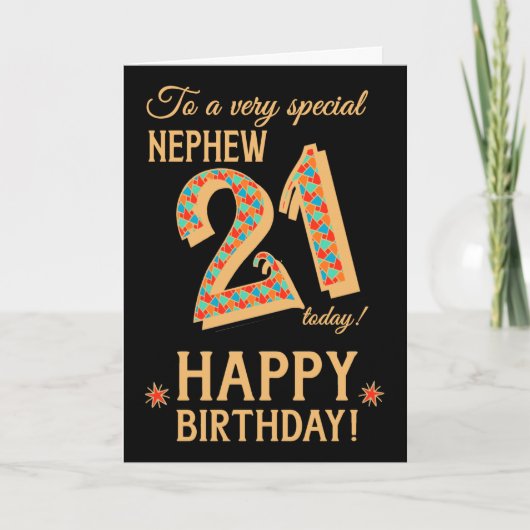 Carte 21e anniversaire, pour Nephew, Effet or sur Noir (Devant)