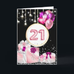 Carte 21e célébration violet noir parties scintillant ba<br><div class="desc">Célébrez votre 21e anniversaire avec ce design moderne et branché avec des lumières verticales suspendues en dessous qui est un cercle blanc rond bordé de faux or et en dessous de cette parties scintillant des arrosées et de jolis cadeaux satinés enveloppés de faux arcs brillants. Un tas de ballons apparaît...</div>