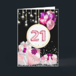 Carte 21e célébration violet noir parties scintillant ba<br><div class="desc">Célébrez votre 21e anniversaire avec ce design moderne et branché avec des lumières verticales suspendues en dessous qui est un cercle blanc rond bordé de faux or et en dessous de cette parties scintillant des arrosées et de jolis cadeaux satinés enveloppés de faux arcs brillants. Un tas de ballons apparaît...</div>