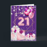 Carte 21e cordes lumières or rose cadeaux arcs anniversa<br><div class="desc">Célébrez votre 21e anniversaire avec ce design moderne et branché avec des lumières verticales suspendues en dessous qui est un cadre hexagone en or qui entoure les numéros vingt un. En-dessous, on trouve des arrosages de parties scintillant en argent qui reposent derrière de beaux cadeaux brillants qui ont été emballés...</div>