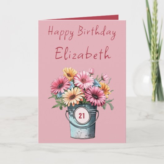 Carte 21e gerbera fleurs nom rose anniversaire (Devant)