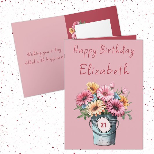 Carte 21e gerbera fleurs nom rose anniversaire