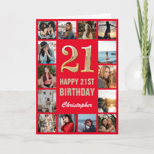 Carte 21e Joyeux Anniversaire Collage photo Rouge et Or