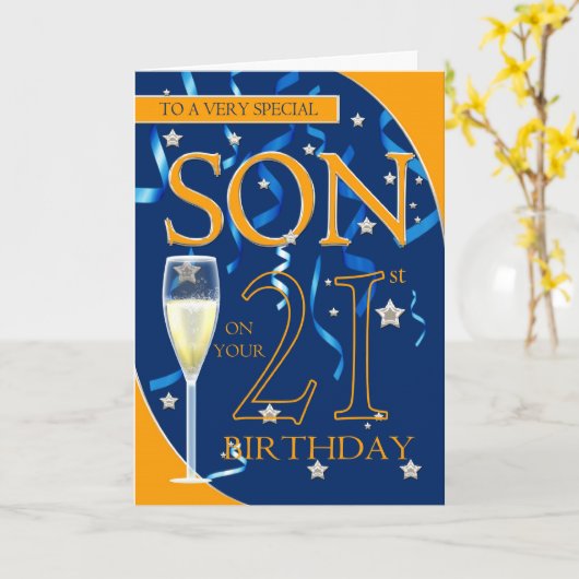 Carte 21ème Fils d'anniversaire - verre de Champagne (Fleur jaune)