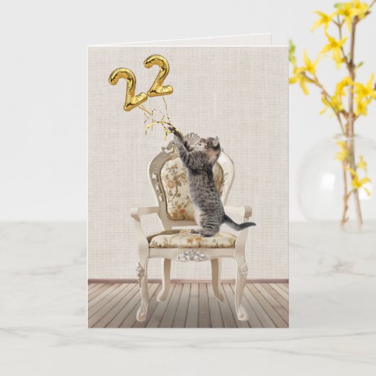 Carte 22e anniversaire Ballons et Tabby Cat (Fleur jaune)