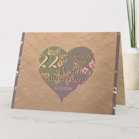 Carte 22e anniversaire de Mariage Rose de coeur coppery (Devant)
