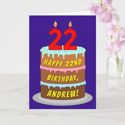 Carte 22e anniversaire : Fun Cake and Candles + Nom pers (Orchidée)