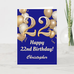 Carte 22e anniversaire Marine Bleu et Ballons d'or Confe
