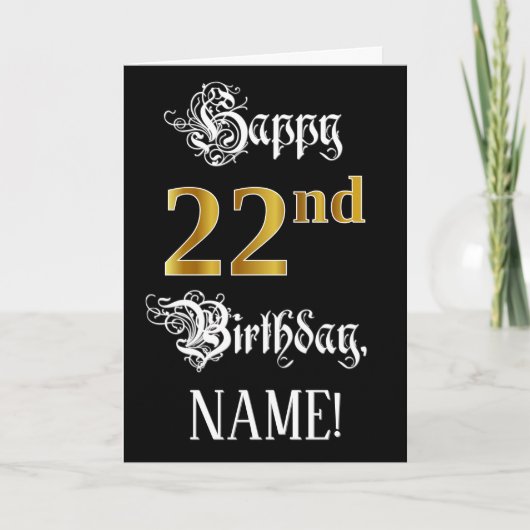 Carte 22e anniversaire — Script fantaisie; look or Faux; (Devant)