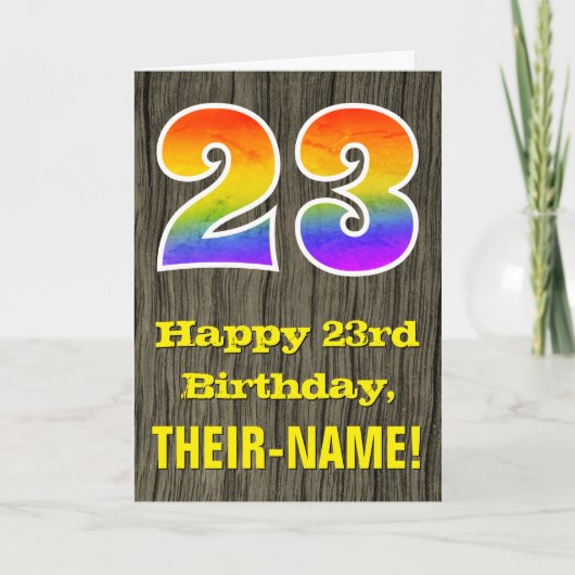 Carte 23e anniversaire : Rustic Faux Wood Look, Arc-en-c (Devant)