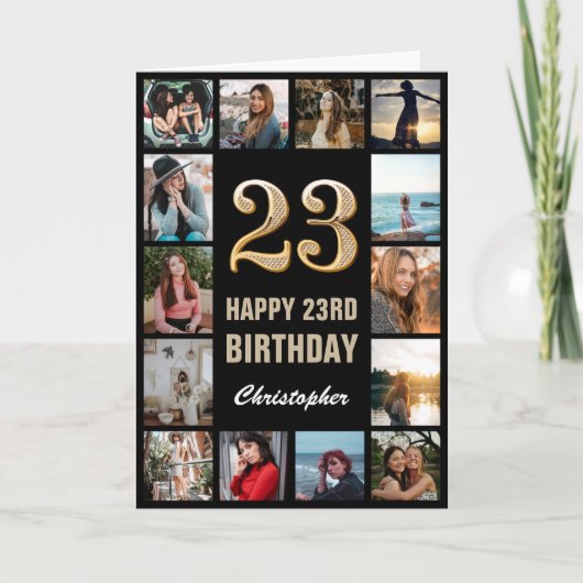 Carte 23e Joyeux Anniversaire Black and Gold Photo Colla (Devant)