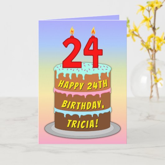 Carte 24e anniversaire — Fun Cake & Candles, avec nom pe (Fleur jaune)