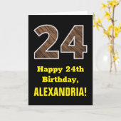 Carte 24e anniversaire : Nom, Motif Faux Wood Grain "24" (Fleur jaune)