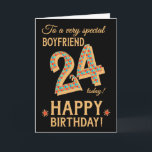 Carte 24e anniversaire, pour Boyfriend, Effet or sur Noi<br><div class="desc">Une carte d'anniversaire chic 24ème pour un Boyfriend très spécial, avec le numéro, 24, dans un motif en mosaïque brillante avec un contour à effet or et tout le texte en lettrage à effet or (c'est-à-dire pas de peinture métallique). Une étoile rouge et dorée se trouve à côté du "Joyeux...</div>