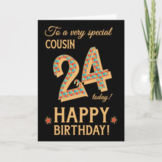 Carte 24e anniversaire, pour Cousin, Effet or sur Noir (Devant)