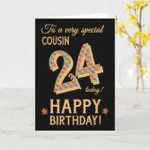 Carte 24e anniversaire, pour Cousin, Effet or sur Noir (Fleur jaune)