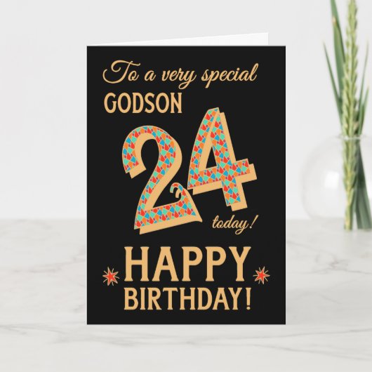 Carte 24e anniversaire, pour Godson, Effet or sur Noir (Devant)