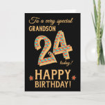 Carte 24e anniversaire, pour Grandson, Effet or sur Noir<br><div class="desc">Une carte d'anniversaire chic 24th pour un Grandson très spécial, avec le numéro, 24, dans un motif en mosaïque brillante avec un contour à effet or et tout le texte en lettrage à effet or (c'est-à-dire pas de peinture métallique). Une étoile rouge et dorée se trouve à côté du "Joyeux...</div>