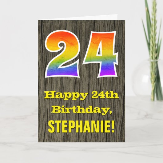 Carte 24e anniversaire : Rustic Faux Wood Look, Arc-en-c (Devant)