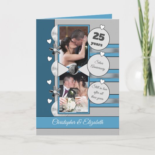 Carte 25 ans argent anniversaire bleu et gris photo (Devant)