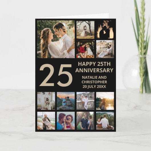 Carte 25e anniversaire 13 photo Collage noir et or (Devant)