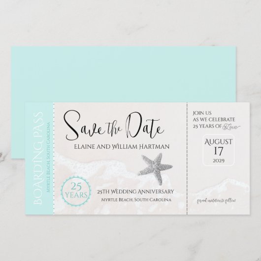 Carte 25e anniversaire Beach Boarding Pass Enregistrer l (Devant / Derrière)