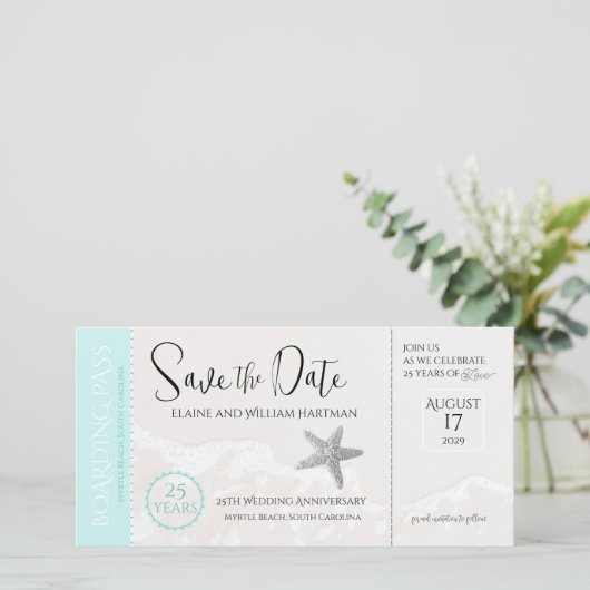 Carte 25e anniversaire Beach Boarding Pass Enregistrer l (Debout devant)