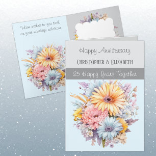 Carte 25e anniversaire d'argent fleurs gris bleu