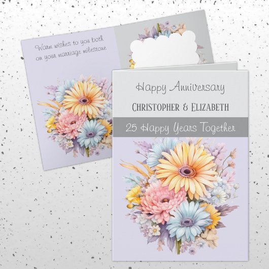Carte 25e anniversaire d'argent fleurs gris violet