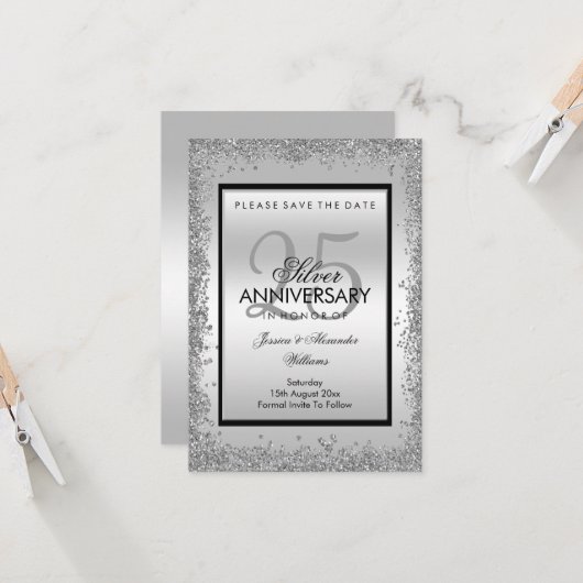 Carte 25e anniversaire du Mariage Glitzy Silver & Black (Devant/Arrière en situation)