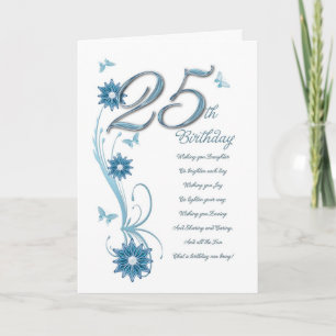 Carte 25e anniversaire en turquoise avec fleurs et papil