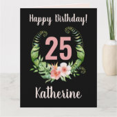 Carte 25e anniversaire noir Floral Fille Nom (Devant)