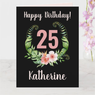 Carte 25e anniversaire noir Floral Fille Nom