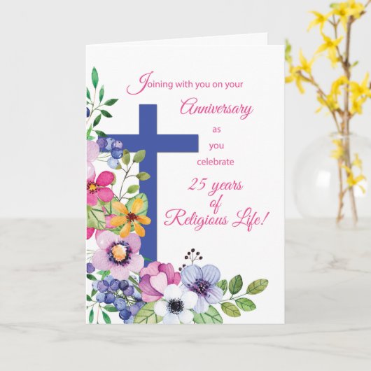 Carte 25e anniversaire Nun Croix de vie religieuse, Fleu (Fleur jaune)