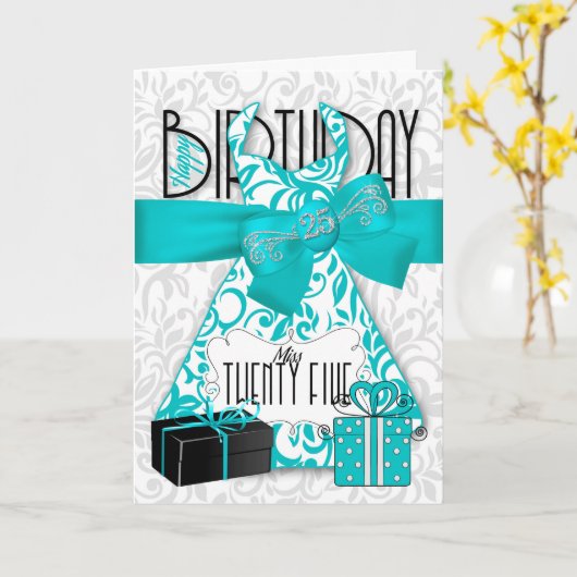 Carte 25e anniversaire pour sa robe turquoise à la mode  (Fleur jaune)