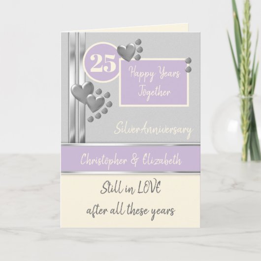 Carte 25e anniversaire Silver 25 ans crème violette (Devant)
