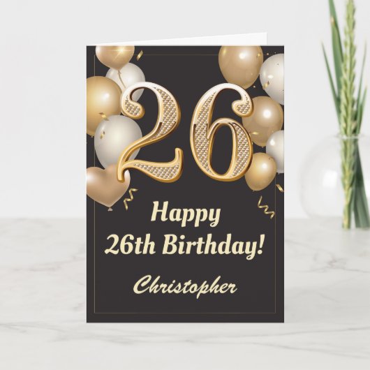 Carte 26e anniversaire Ballons Noir et Or Confetti (Devant)