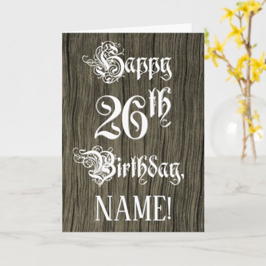 Carte 26e Birthday: Fancy, Elegant Text; Faux Wood Look (Fleur jaune)