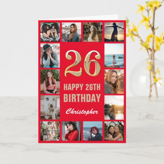 Carte 26e Joyeux Anniversaire Collage photo rouge et or (Fleur jaune)