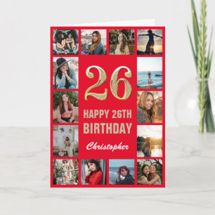 Carte 26e Joyeux Anniversaire Collage photo rouge et or