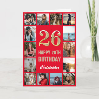 Carte 26e Joyeux Anniversaire Collage photo rouge et or