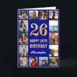 Carte 26e Joyeux Anniversaire Marine Blue & Gold Photo C<br><div class="desc">26th Happy Birthday Navy Blue and Gold Photo Collage Birthday Card. Pour plus de personnalisation,  cliquez sur le bouton "Customiser" et utilisez notre outil de conception pour modifier ce modèle.</div>