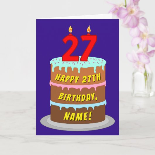 Carte 27e anniversaire : Gâteau et bougies amusants + No (Orchidée)