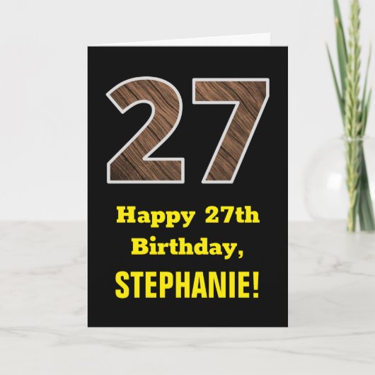 Carte 27e anniversaire : Nom, Motif Faux Wood Grain "27" (Devant)